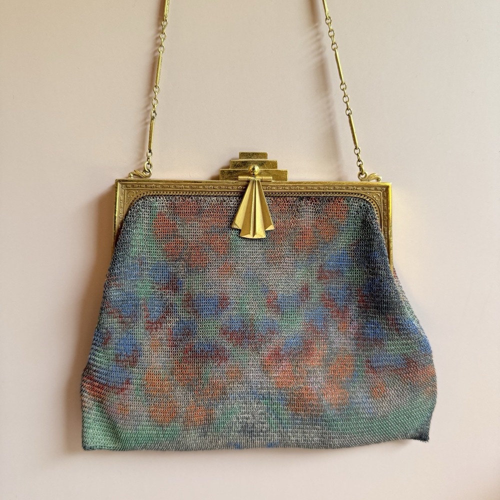 1920s Whiting and Davis Art Deco Watercolor Dresden Mesh Chainmail Evening Purse